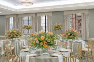 Professional event space architecture photography for Bend Oregon architects and designers showcasing historic hotel ballroom renovation with preserved classical elements and modern event amenities